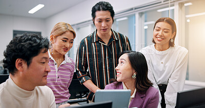 Buy stock photo People, tablet or talking in office for business, company development or positive feedback in meeting. Japanese coworkers, happy or tech in consulting agency for problem solving, advice or discussion