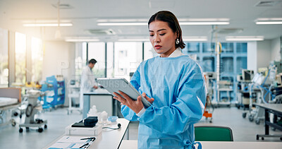 Buy stock photo Man, scientist and serious on tablet at laboratory for medical research, investigation or results on vaccine tests in Japan. Female person, healthcare professional and innovation on drug trial report