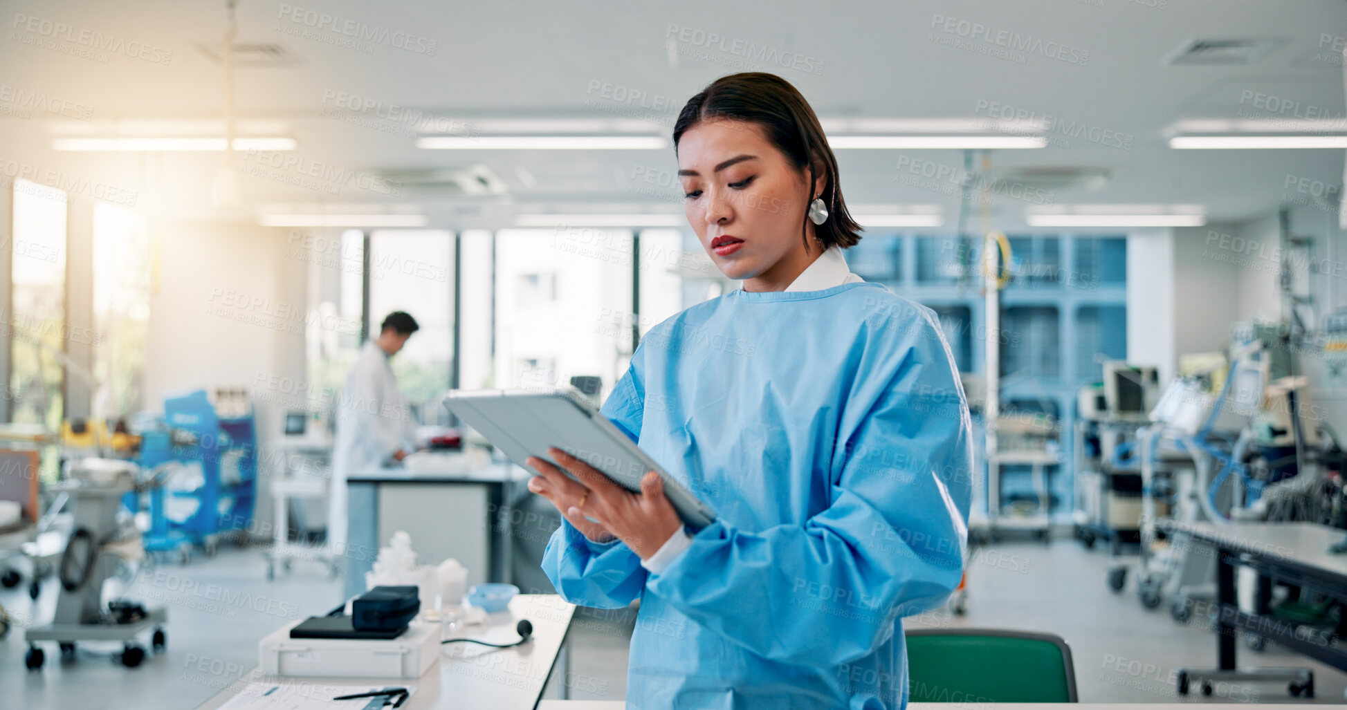 Buy stock photo Woman, scientist and reading on tablet at laboratory for medical research, investigation or results on vaccine in Japan. Female person, healthcare professional and innovation on drug trial report