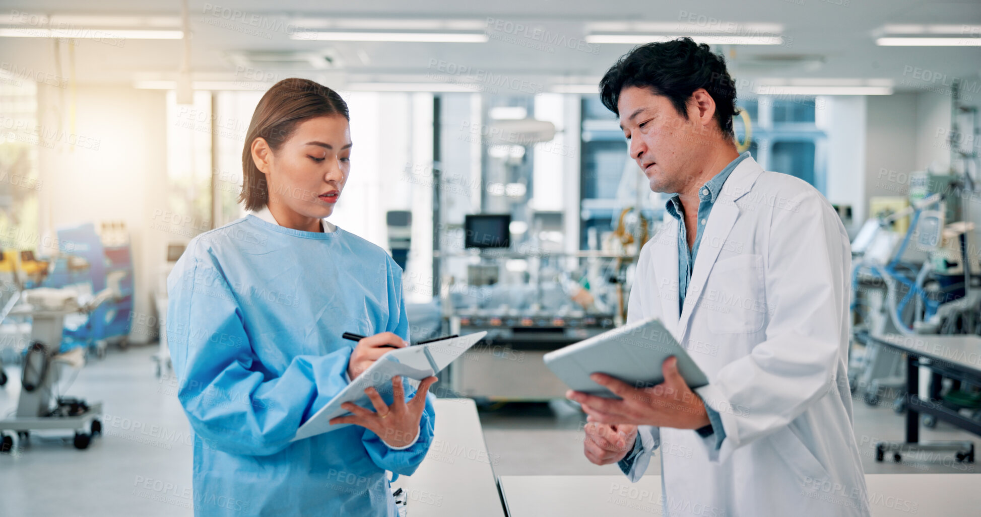 Buy stock photo Clipboard, medicine and doctor with tablet for intern in medical school as mentor or professor. Education, feedback or study with Japanese man teaching healthcare student at hospital for learning