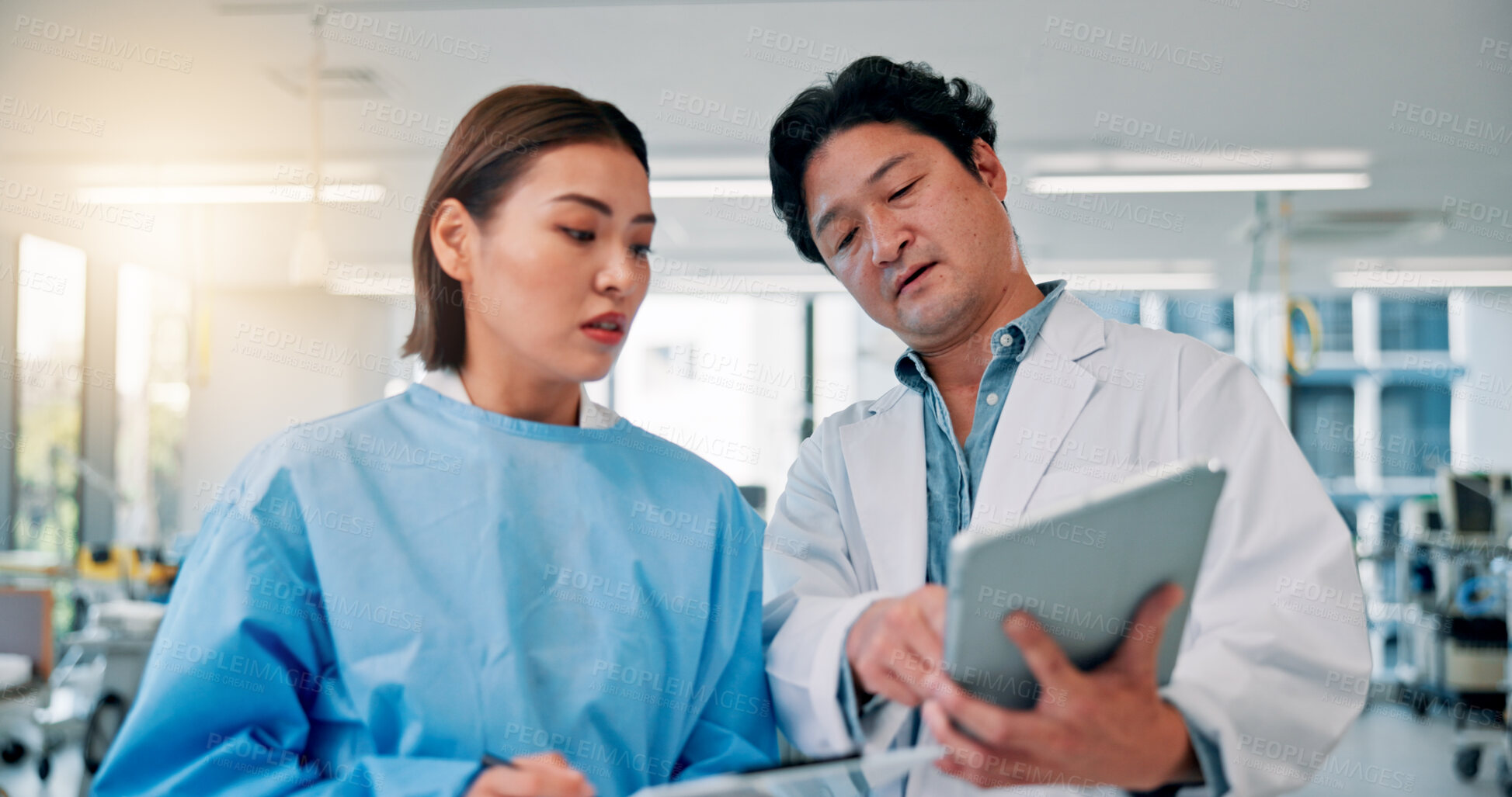 Buy stock photo People, scientists and teamwork with tablet at laboratory on meeting for medical research and results in Japan. Employees, healthcare professional and collaboration with drug trial and vaccine report