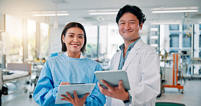 Buy stock photo People, scientist and happy with tablet or clipboard at laboratory on meeting for medical research and results. Employees, portrait and collaboration with drug trial and vaccine report in Japan