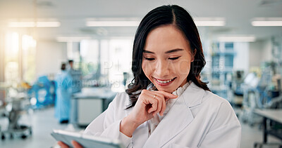 Buy stock photo Doctor, tablet and thinking with healthcare woman in hospital for breakthrough, diagnosis or research. Medical, planning and smile of Japanese medicine professional in clinic for treatment decision