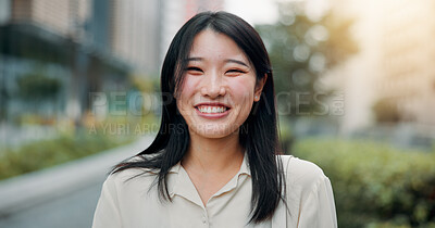 Buy stock photo Japanese woman, portrait and confidence in city for sightseeing, walk and proud for travel. Female pedestrian, street and smile in town for adventure, location or experience as tourist on holiday