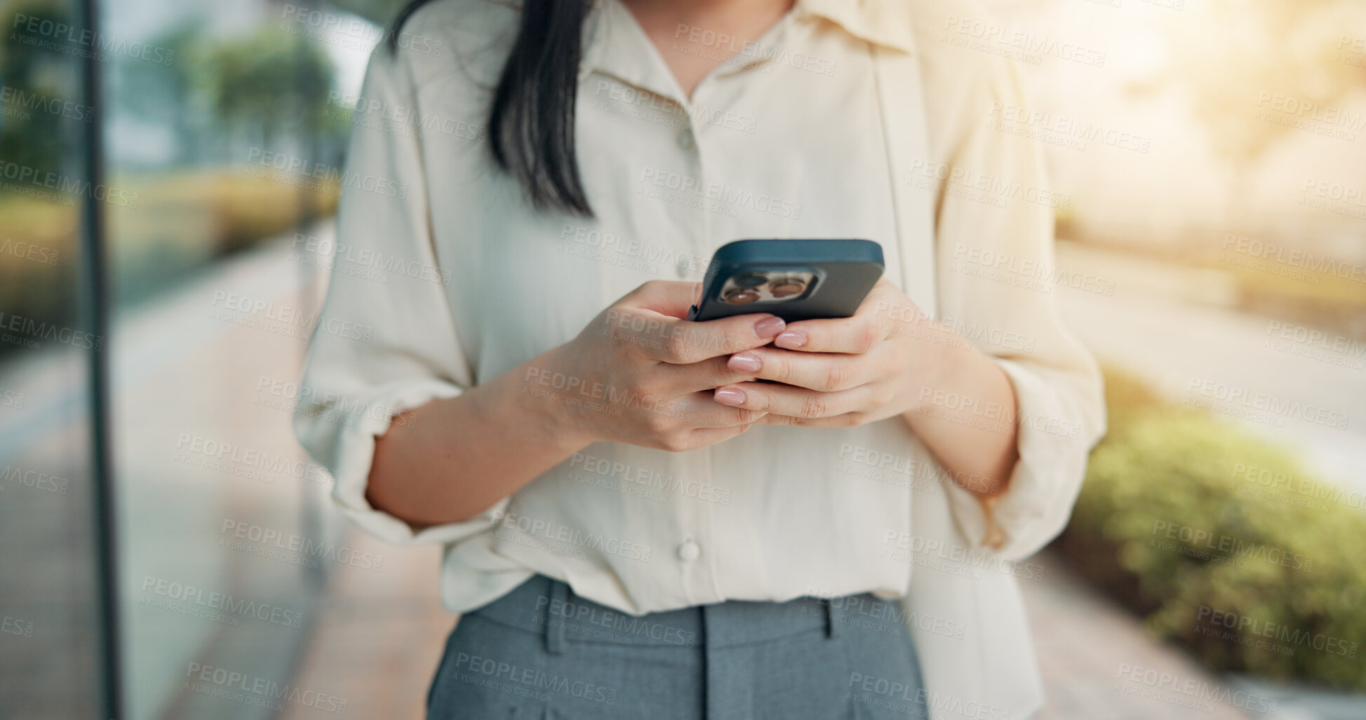 Buy stock photo Cellphone, hands and woman in city for networking, communication or typing email on vacation. Phone, contact and female person reading online blog for holiday tips or advice in town in Japan.