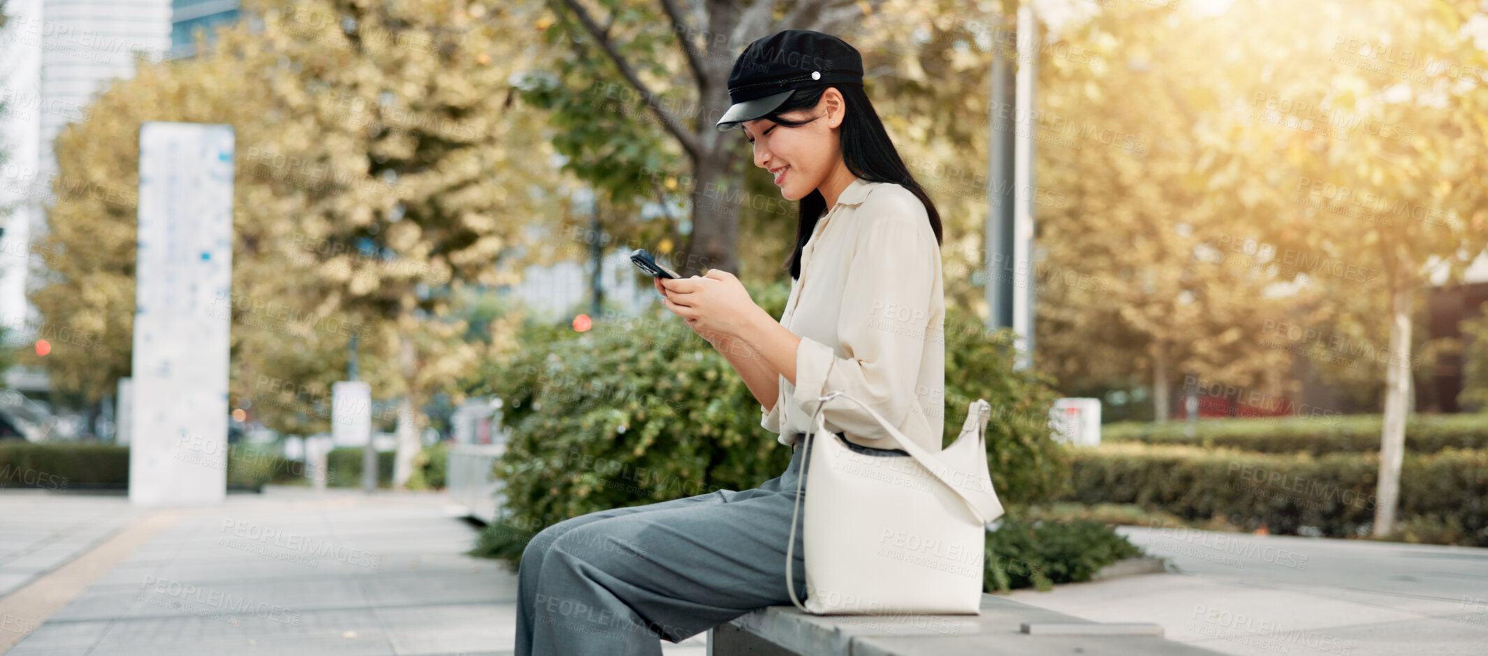 Buy stock photo Digital, city and Asian woman with smartphone, smile and happy with notification, email and opportunity. Communication, typing and joy for internship, person and travel for work, chat and Japan