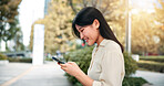 Digital, city and Asian woman with smartphone, communication and happy with notification and email. Smile, typing and joy for internship, person and travel for work, reading and info in Japan