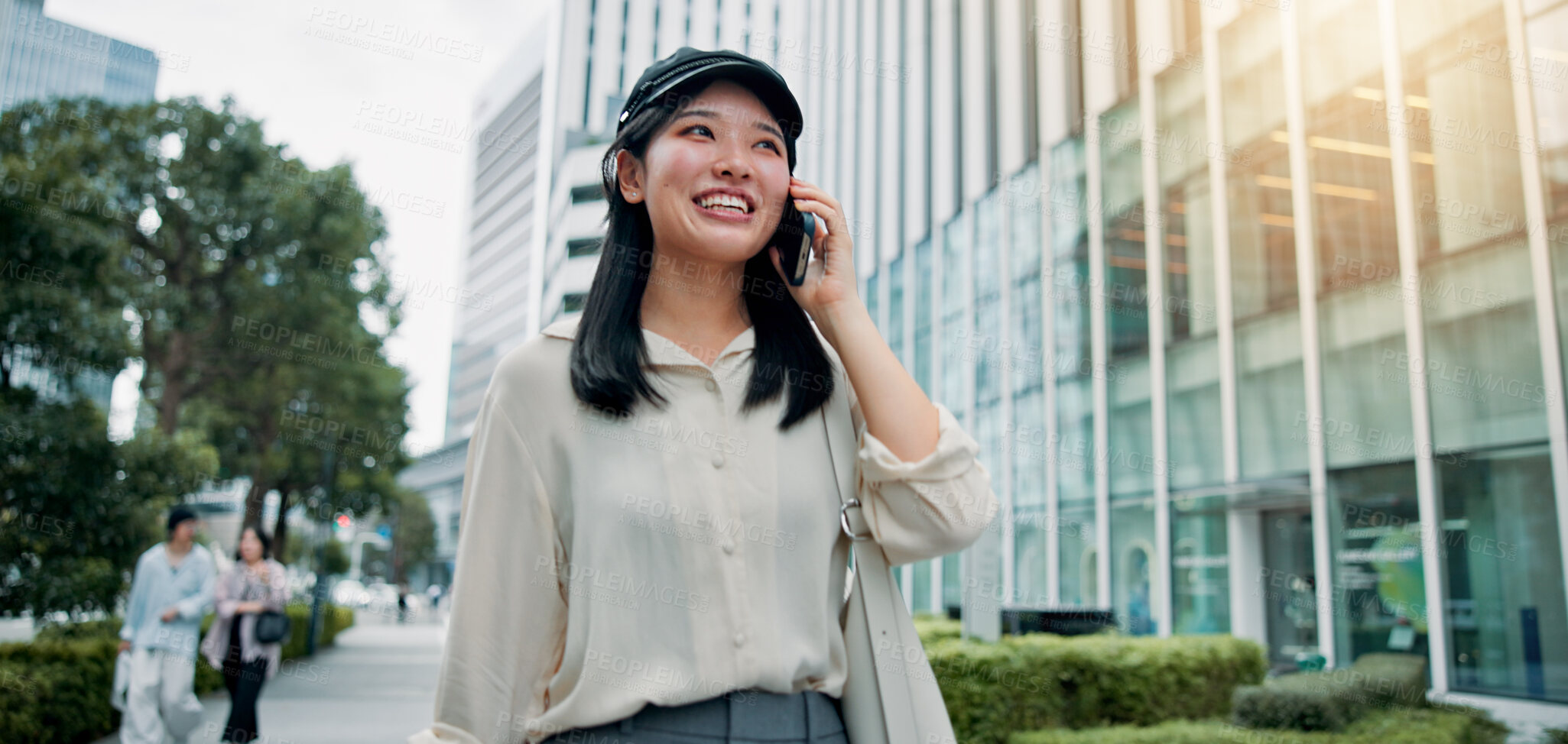 Buy stock photo Woman, phone call and happy for travel in city with connection, outdoor or mobile network in street. Girl, smartphone and tourist with smile on urban sidewalk for commute, contact or chat in Japan