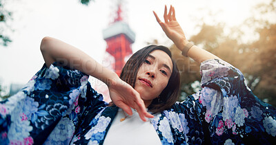 Buy stock photo Contemporary dance, portrait and woman in nature with rhythm for self expression and creativity. Classical, art and Japanese person with interpretaive choreography in park for rehearsal or practice.