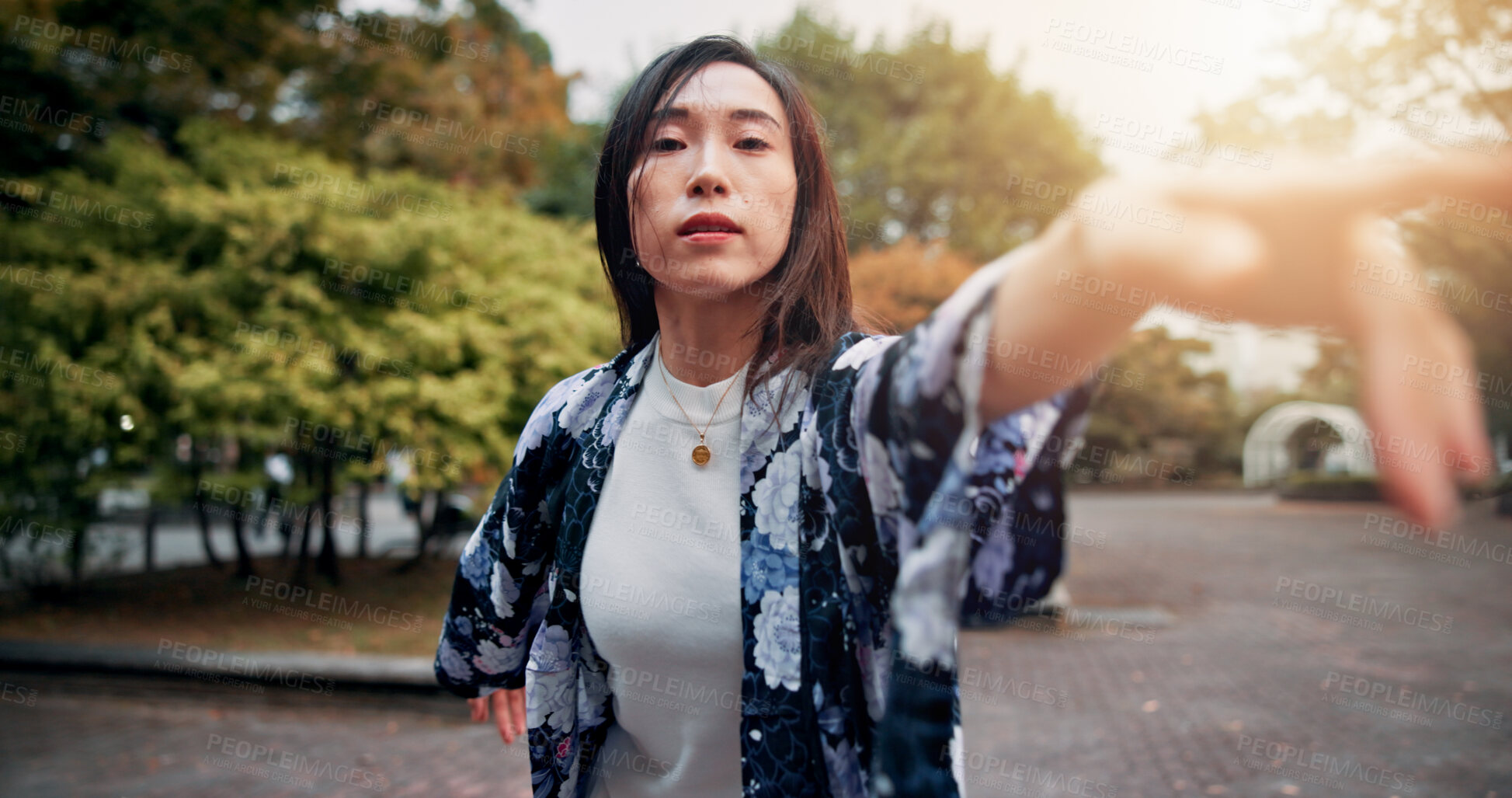 Buy stock photo Contemporary dance, nature and portrait of woman outdoor with rhythm for self expression and creativity. Classical, art and Japanese person with interpretaive choreography in park for rehearsal.