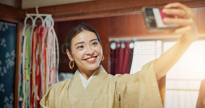 Buy stock photo Selfie, smile and woman in kimono, city and fashion designer with traditional clothes and photography. Outdoor, face and picture of Asian person, creative and outfit for culture, tailor and Japan