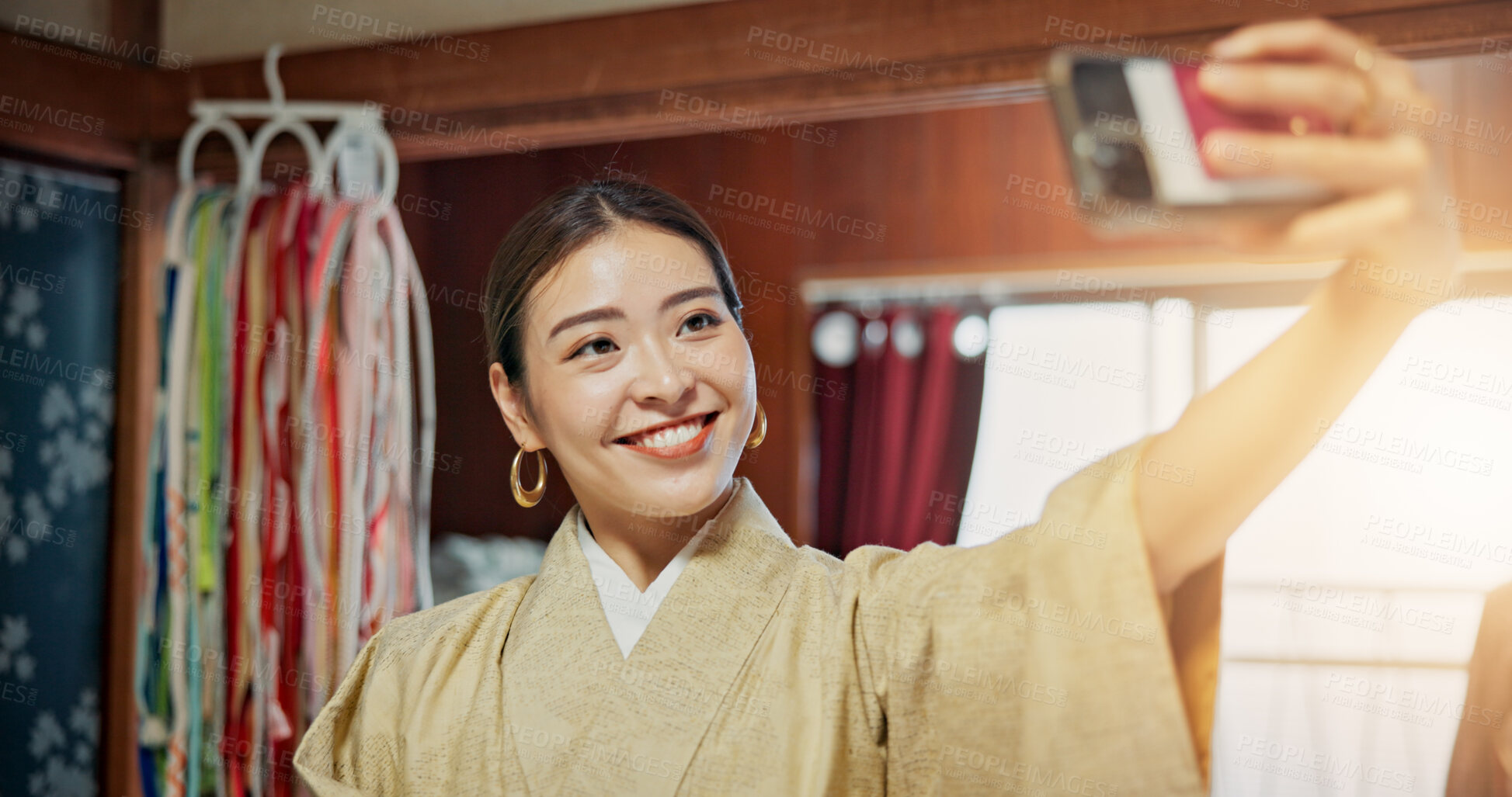 Buy stock photo Selfie, smile and woman in kimono, city and fashion designer with traditional clothes and photography. Outdoor, face and picture of Asian person, creative and outfit for culture, tailor and Japan