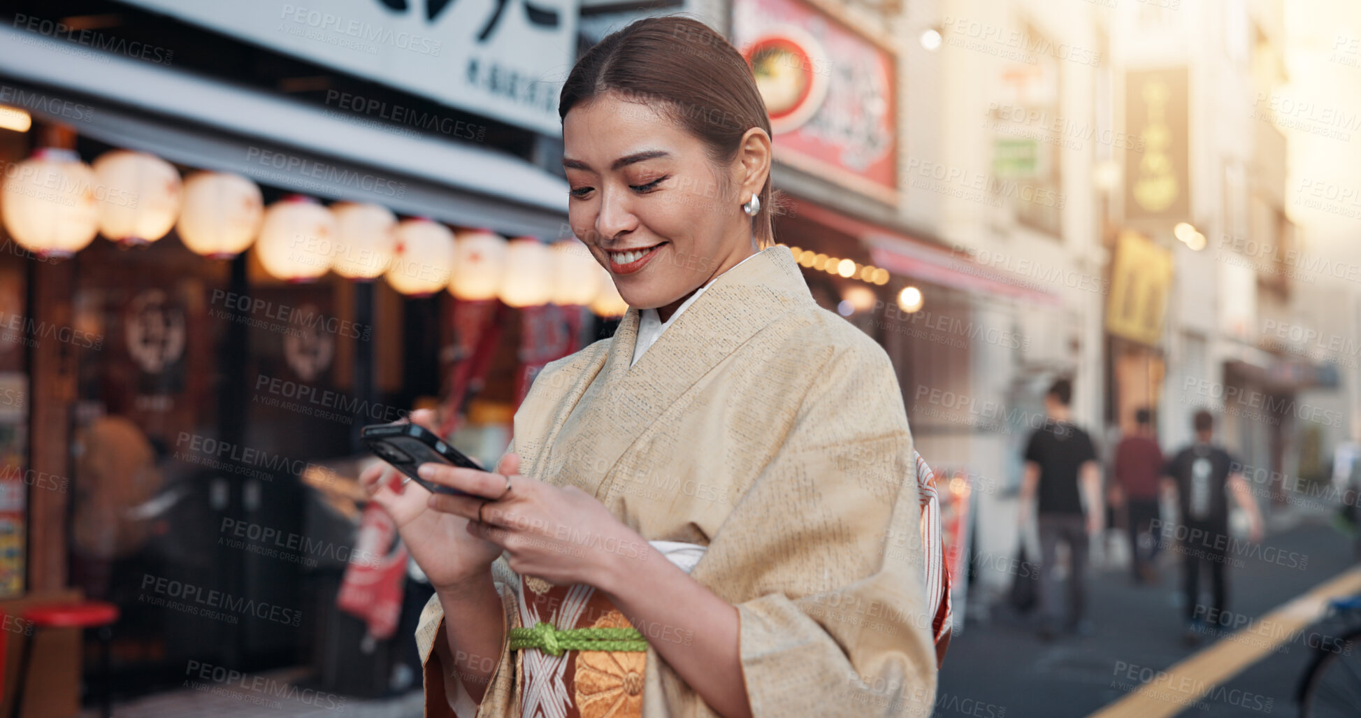 Buy stock photo Street, travel and woman in kimono with phone, smile and online search for location on city map. Smartphone, scroll and happy Japanese girl in traditional fashion with mobile app for urban navigation