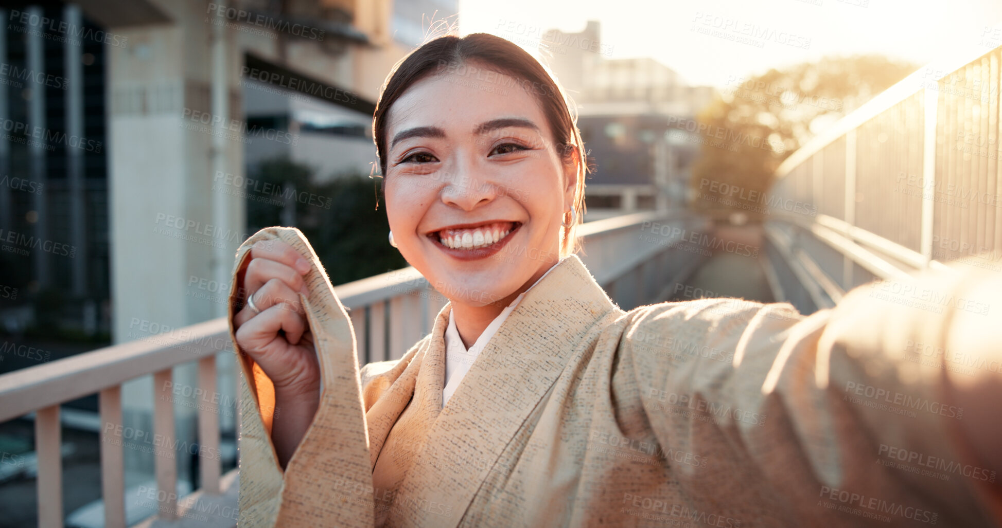 Buy stock photo Selfie, smile and woman in kimono, city and fashion designer with traditional clothes and photography. Outdoor, face and picture of Asian person, creative and outfit for culture, tailor and Japan