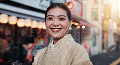 Buy stock photo Portrait, Japanese woman and smile with kimono in city for traditional fashion, celebrate ceremony and travel. Happy, female person and cultural clothes with heritage, indigenous and respect in Japan