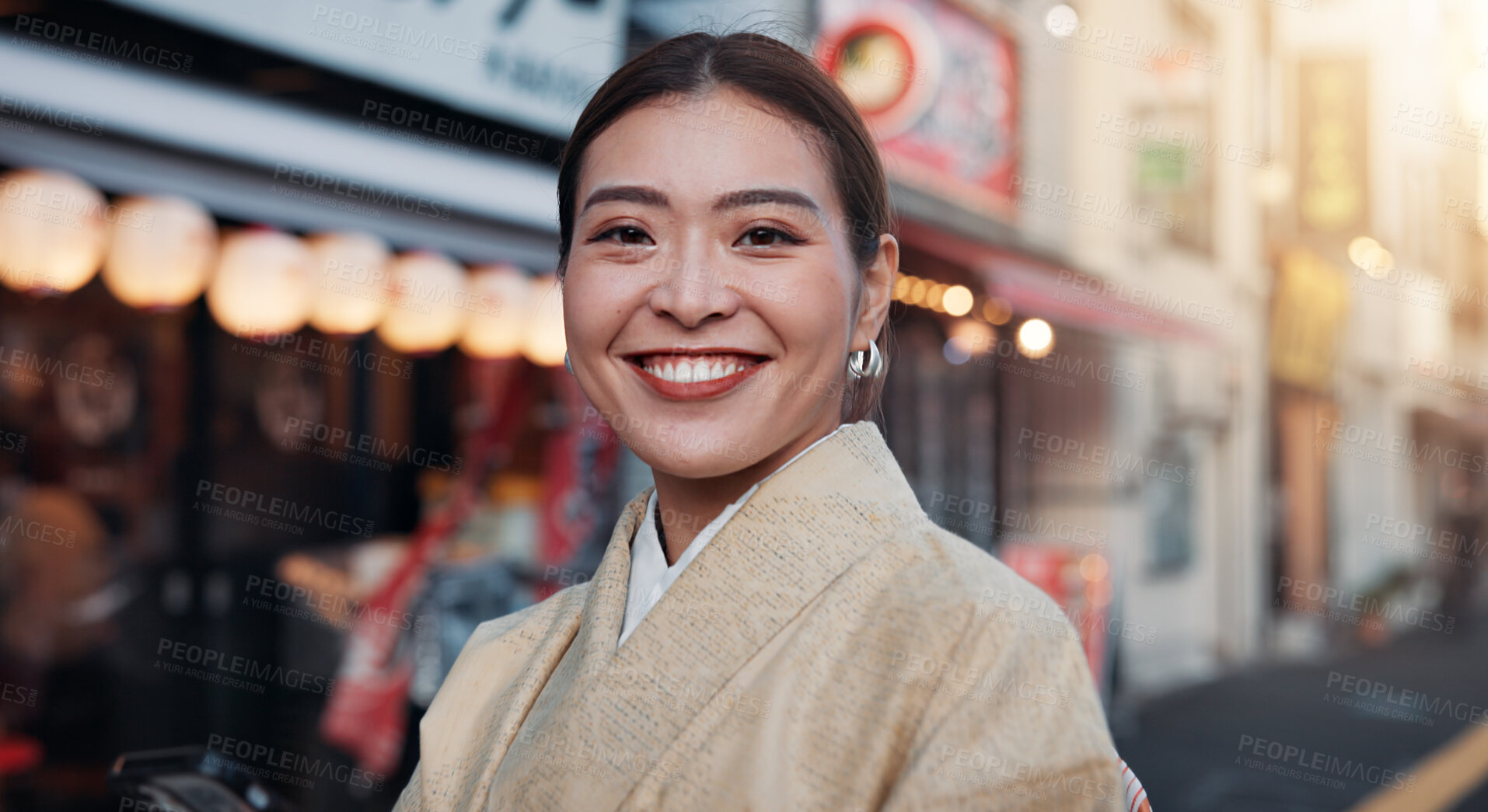 Buy stock photo Portrait, Japanese woman and smile with kimono in city for traditional fashion, celebrate ceremony and travel. Happy, female person and cultural clothes with heritage, indigenous and respect in Japan