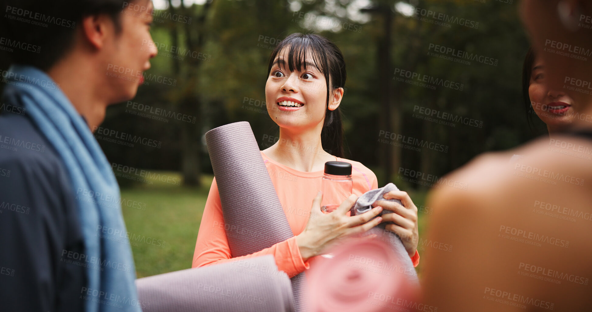 Buy stock photo Outdoor, friends and happy with conversation at yoga session for health, self care and support in Japan. Park, people and smile with discussion at class for fitness, exercise or workout for wellbeing