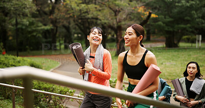 Buy stock photo Walking, stairs and friends in nature for yoga with conversation for health, wellness and balance in morning. Steps, talk and group of Japanese women outdoor for pilates workout or exercise in park.