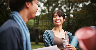 Buy stock photo Happy, yoga and friends in nature with conversation for health, wellness and balance in morning. Smile, talking and group of Japanese people outdoor for pilates workout or yogi exercise in park.