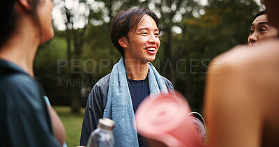 Buy stock photo Outdoor, friends and laugh with discussion at yoga session for health, self care or support in Japan. Park, people and happy with talking or joke for fitness, exercise or workout for wellbeing