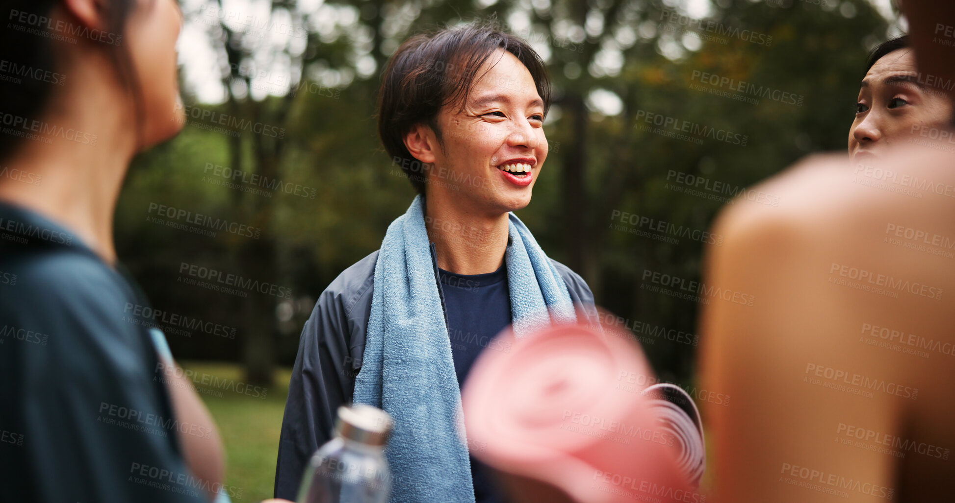 Buy stock photo Outdoor, friends and laugh with discussion at yoga session for health, self care or support in Japan. Park, people and happy with talking or joke for fitness, exercise or workout for wellbeing