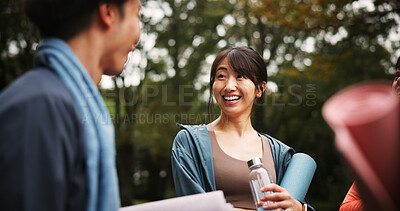 Buy stock photo Outdoor, friends and happy with discussion at yoga session for health, self care or support in Japan. Park, people and laugh with talking or joke for fitness, exercise or workout for wellbeing