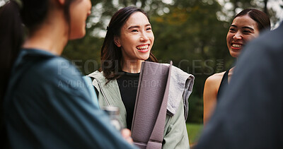 Buy stock photo Outdoor, women and smile with discussion at yoga session for health, self care or support in Japan. Park, people and laugh as friends for joke for fitness, exercise and workout for wellbeing