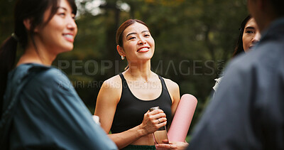 Buy stock photo Conversation, yoga and girl friends in nature with fitness for health, wellness and balance in morning. Smile, talking and group of Japanese women outdoor for pilates workout or exercise in park.