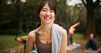 Buy stock photo Outdoor, woman and happy on portrait for yoga session with mat for health, self care and wellbeing in Japan. Female person, park and smile or satisfied in confidence for fitness, workout and exercise