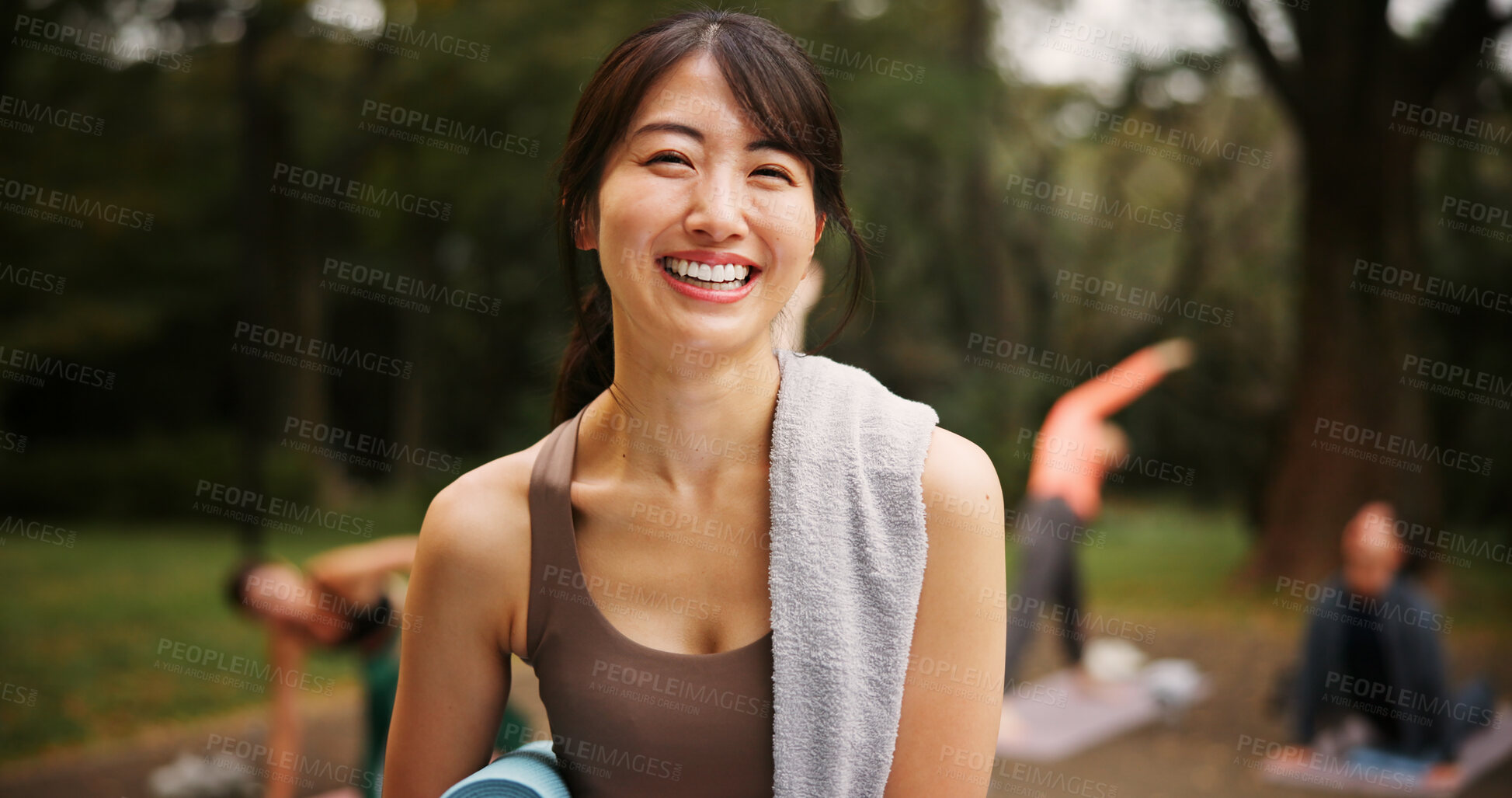 Buy stock photo Outdoor, woman and happy on portrait for yoga session with mat for health, self care and wellbeing in Japan. Female person, park and smile or satisfied in confidence for fitness, workout and exercise