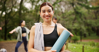 Buy stock photo Park, woman and smile on portrait for yoga session with mat for health, self care and wellbeing in Japan. Female person, outdoor and happy or satisfied in confidence for fitness, workout and exercise