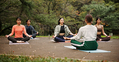 Buy stock photo People, outdoor nature and lotus at yoga class, meditation and support women for spiritual wellness. Forest, holistic healing and instructor for fitness in Japan, friends group and zen mindfulness