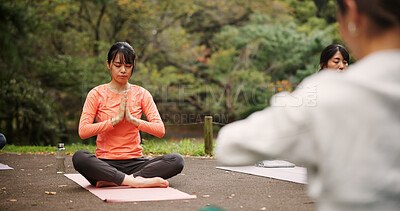 Buy stock photo People, outdoor nature and prayer hands at class, meditation and support women for spiritual wellness. Forest, holistic healing and instructor for fitness in Japan, friends group and zen mindfulness