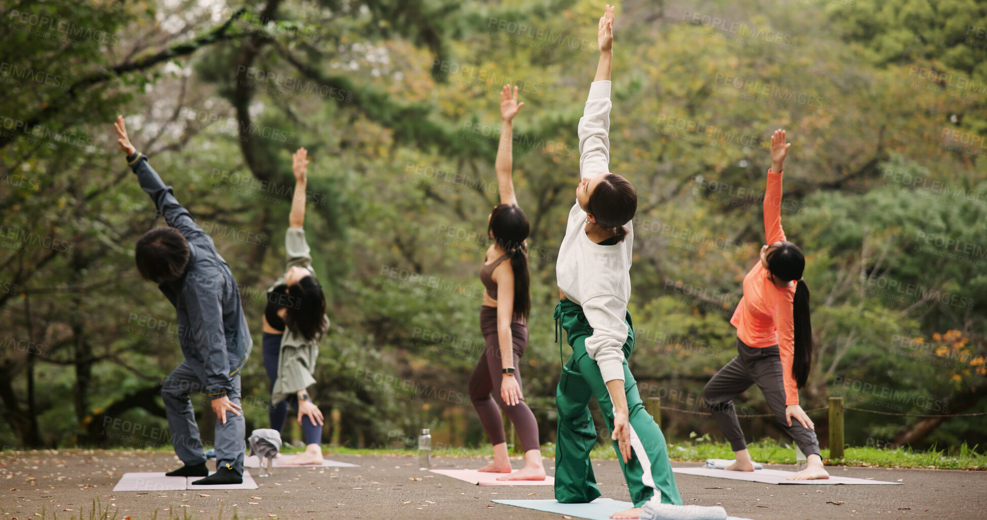 Buy stock photo People, outdoor nature and warrior at yoga class, meditation and support for spiritual wellness. Forest, holistic healing and instructor for fitness in Japan, friends group and balance mindfulness