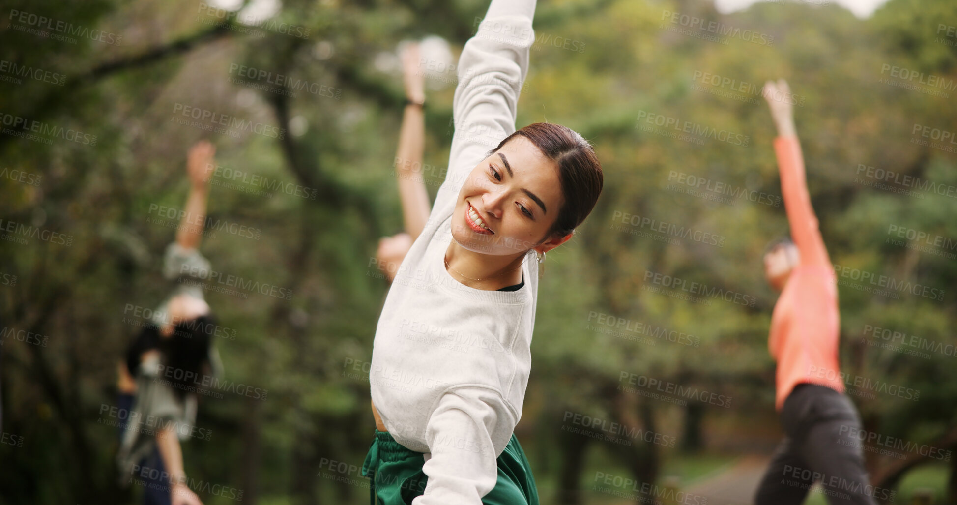 Buy stock photo Woman, outdoor nature and warrior at yoga class, meditation and coach support for spiritual wellness. Forest, holistic healing and instructor for fitness in Japan, friends group and zen mindfulness