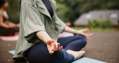 Buy stock photo Woman, outdoor hands and lotus at yoga class, meditation and support pilates for spiritual wellness. Forest, holistic healing and instructor for fitness in Japan, friends group and zen mindfulness