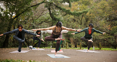 Buy stock photo People, outdoor nature and balance at yoga class, meditation and support for spiritual wellness. Forest, holistic healing and instructor for fitness in Japan, friends group and pilates mindfulness