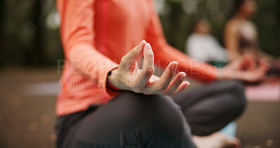 Buy stock photo Woman, nature hands and lotus at yoga class, meditation and support pilates for spiritual wellness. Forest, holistic healing and instructor for fitness in Japan, friends group and zen mindfulness