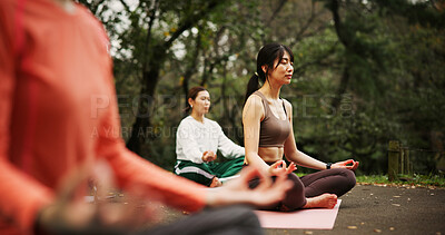 Buy stock photo People, outdoor fitness and lotus at yoga class, meditation and support women for spiritual wellness. Forest, holistic healing and instructor for peace in Japan, friends group and zen mindfulness