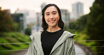 Buy stock photo City, exercise and portrait of Japanese woman outdoor for cardio or marathon training routine. Bridge, fitness and smile of happy sports athlete or runner in Japan for challenge, health or wellness