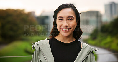 Buy stock photo City, fitness and portrait of woman un Japan for cardio or marathon training routine. Bridge, exercise and smile of happy Japanese sports athlete or runner outdoor for challenge, health or wellness