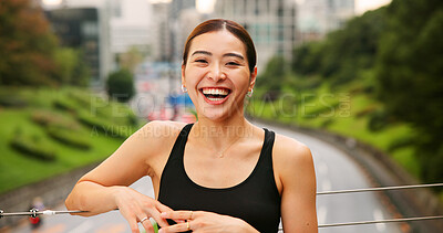 Buy stock photo Fitness, laughing and portrait of woman in Japan for cardio or marathon training routine. Exercise, funny and smile of happy Japanese sports athlete or runner on bridge for health or wellness