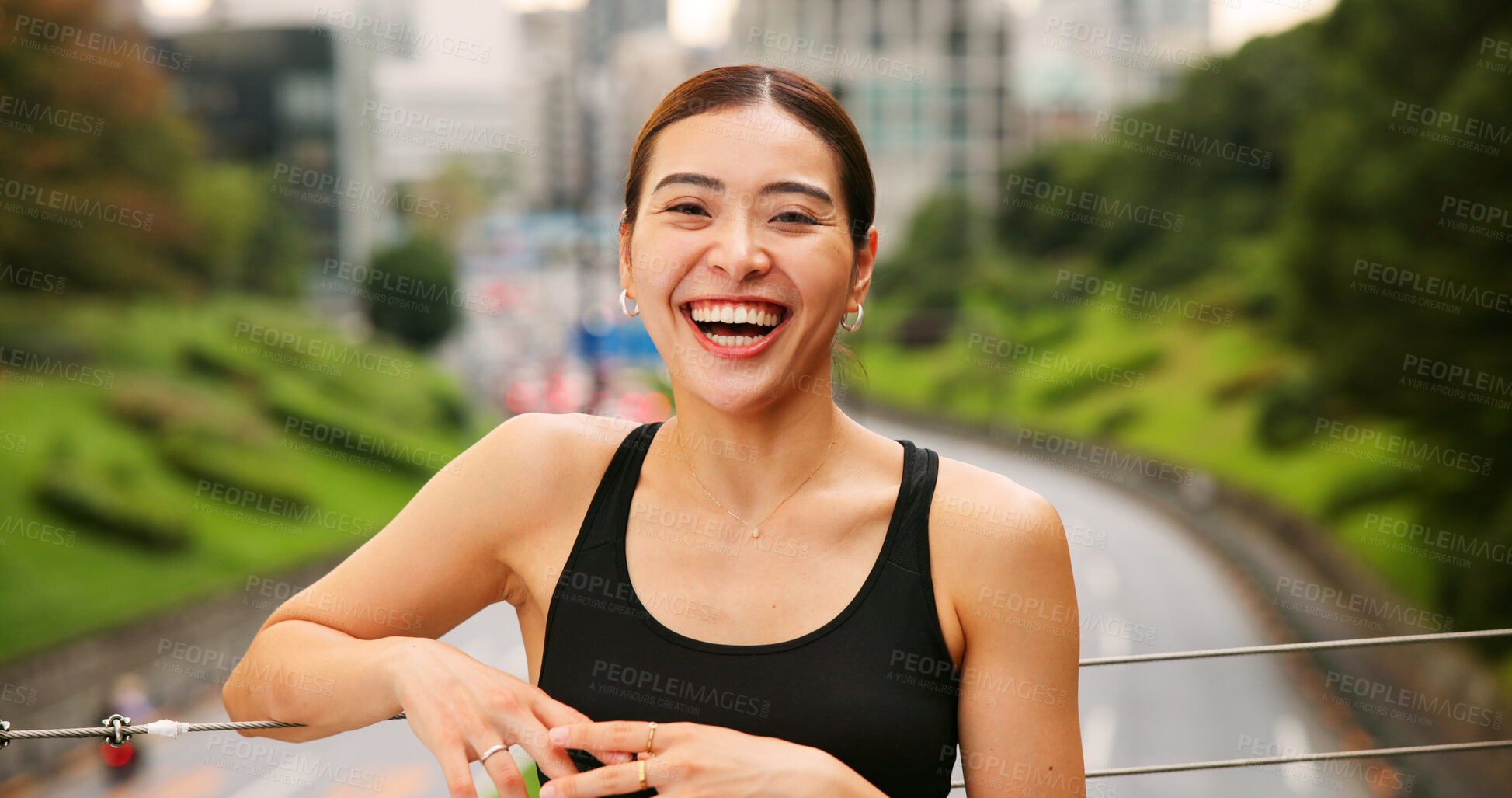 Buy stock photo Fitness, laughing and portrait of woman in Japan for cardio or marathon training routine. Exercise, funny and smile of happy Japanese sports athlete or runner on bridge for health or wellness