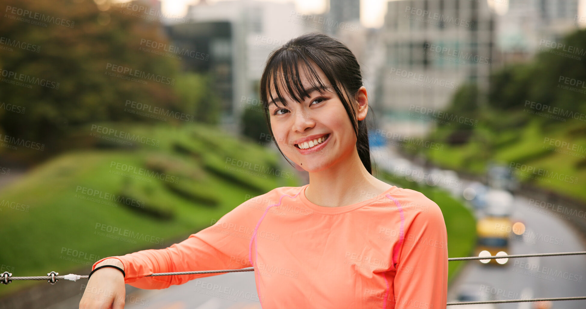 Buy stock photo City, fitness and portrait of woman runner outdoor for exercise or marathon training routine. Bridge, cardio and smile of happy sports athlete in downtown Japan for challenge, health or wellness