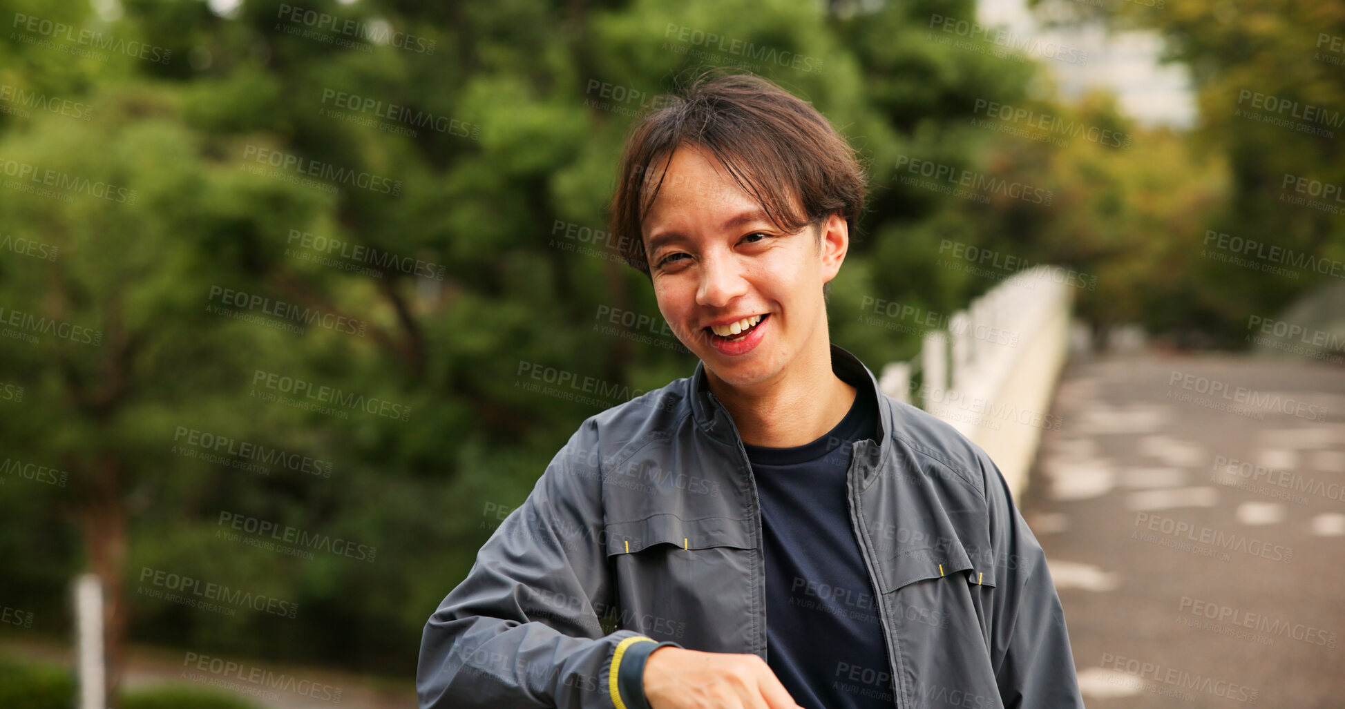 Buy stock photo Portrait, smile and happy man outdoor for travel, sightseeing and park walk in Japan. Adventure, holiday and Japanese traveler in nature for vacation, laugh and resting to relax on bridge in Tokyo