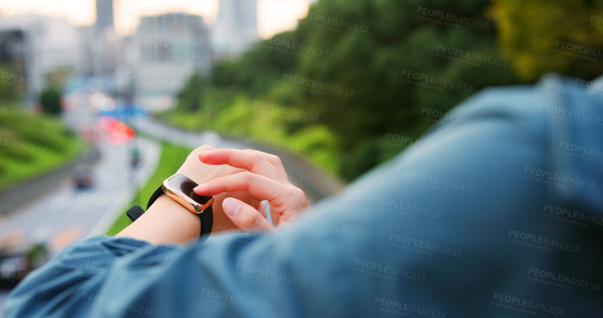 Buy stock photo Fitness, hands and person with smart watch outdoor to check training progress, performance and steps in Japan. Sports, closeup and wristwatch for workout, time app or monitor pulse for health in city