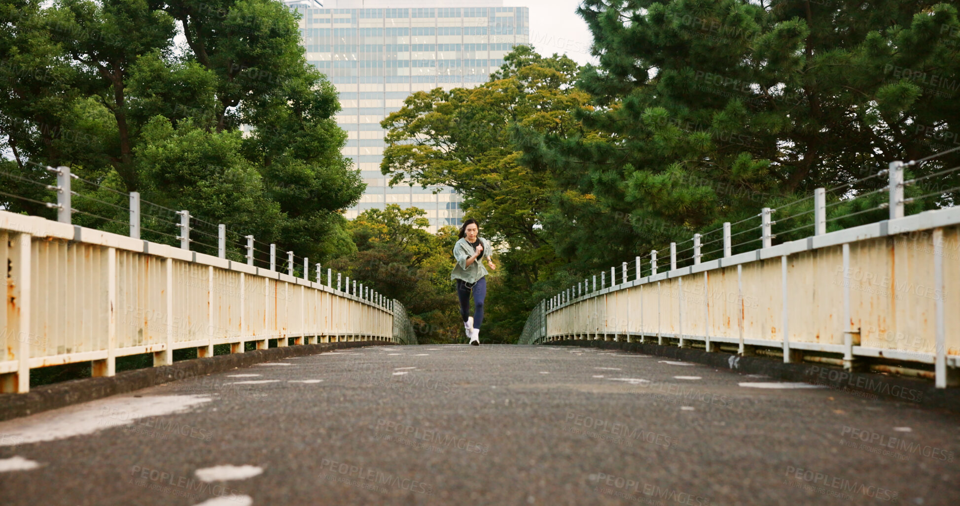 Buy stock photo Japanese woman, sports and running in city of fitness exercise, marathon training and workout practice. Athlete,  challenge and physical activity with endurance performance, wellness and Japan bridge
