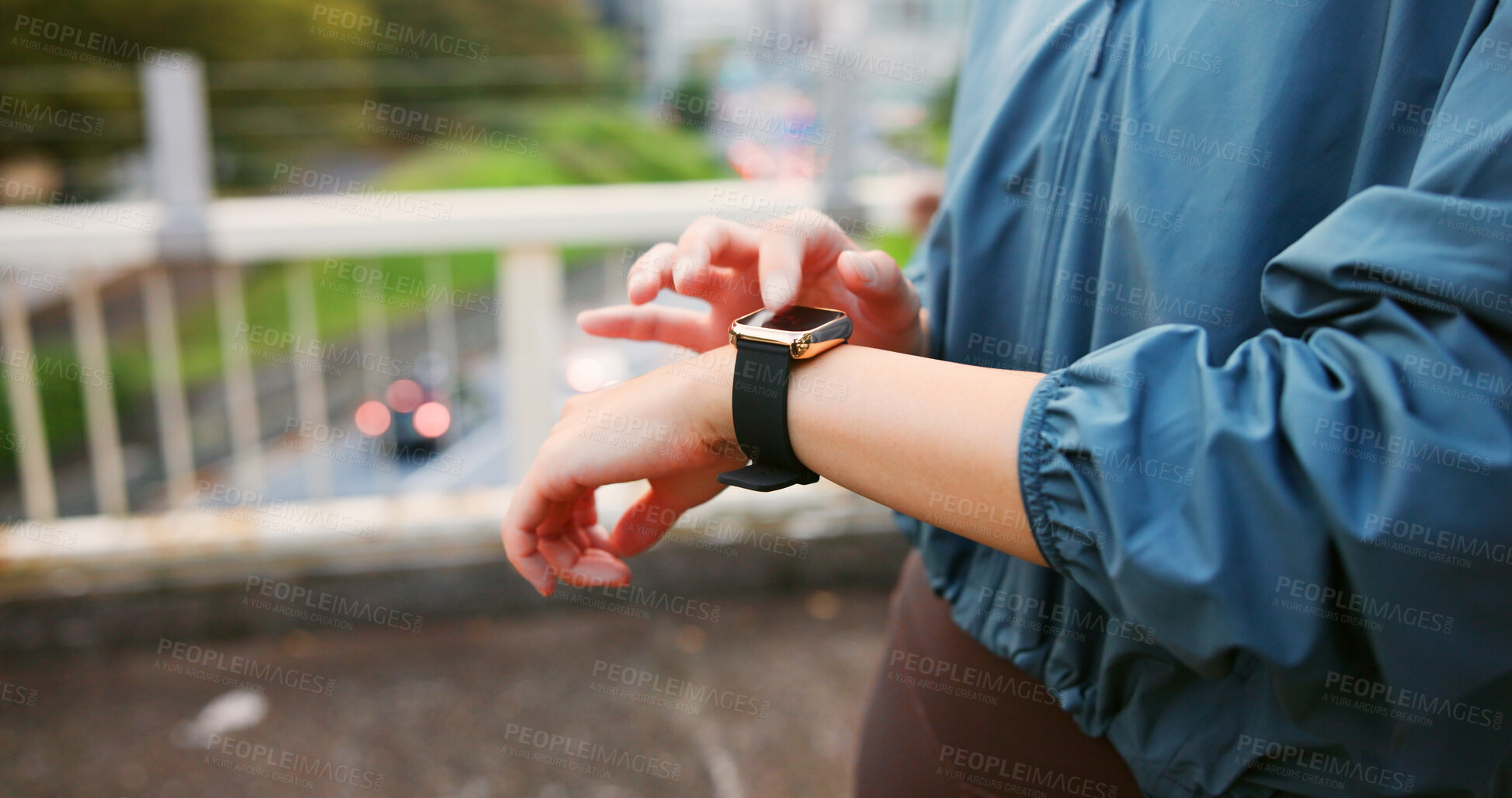 Buy stock photo Fitness, hands and person with smart watch in city to check training progress, performance results and steps in Japan. Outdoor, workout and wristwatch for sports, time app or monitor pulse for health