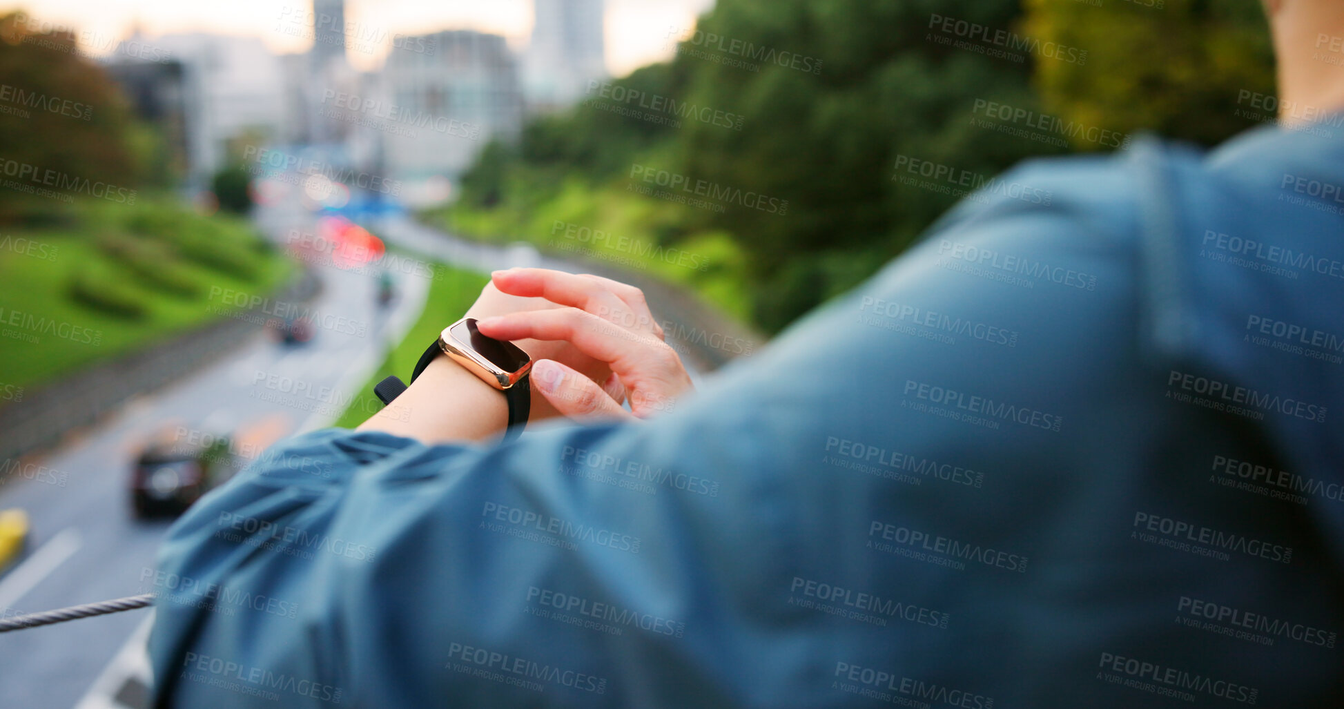 Buy stock photo Fitness, hands and check smart watch outdoor for training progress, performance or steps in Japan. Sports, closeup and person with wristwatch for workout, time app or monitor pulse for health in city