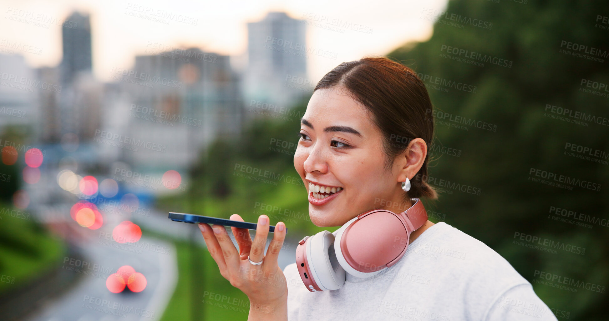 Buy stock photo City, phone call and recording with Japanese woman outdoor for communication or voice note on bridge. Conversation, commute and headphones with happy tourist person on bridge in Japan for travel